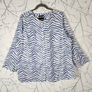 Tahari Blue Zebra Stripe 100% Linen Button Up Roll Tab Sleeve Blouse
